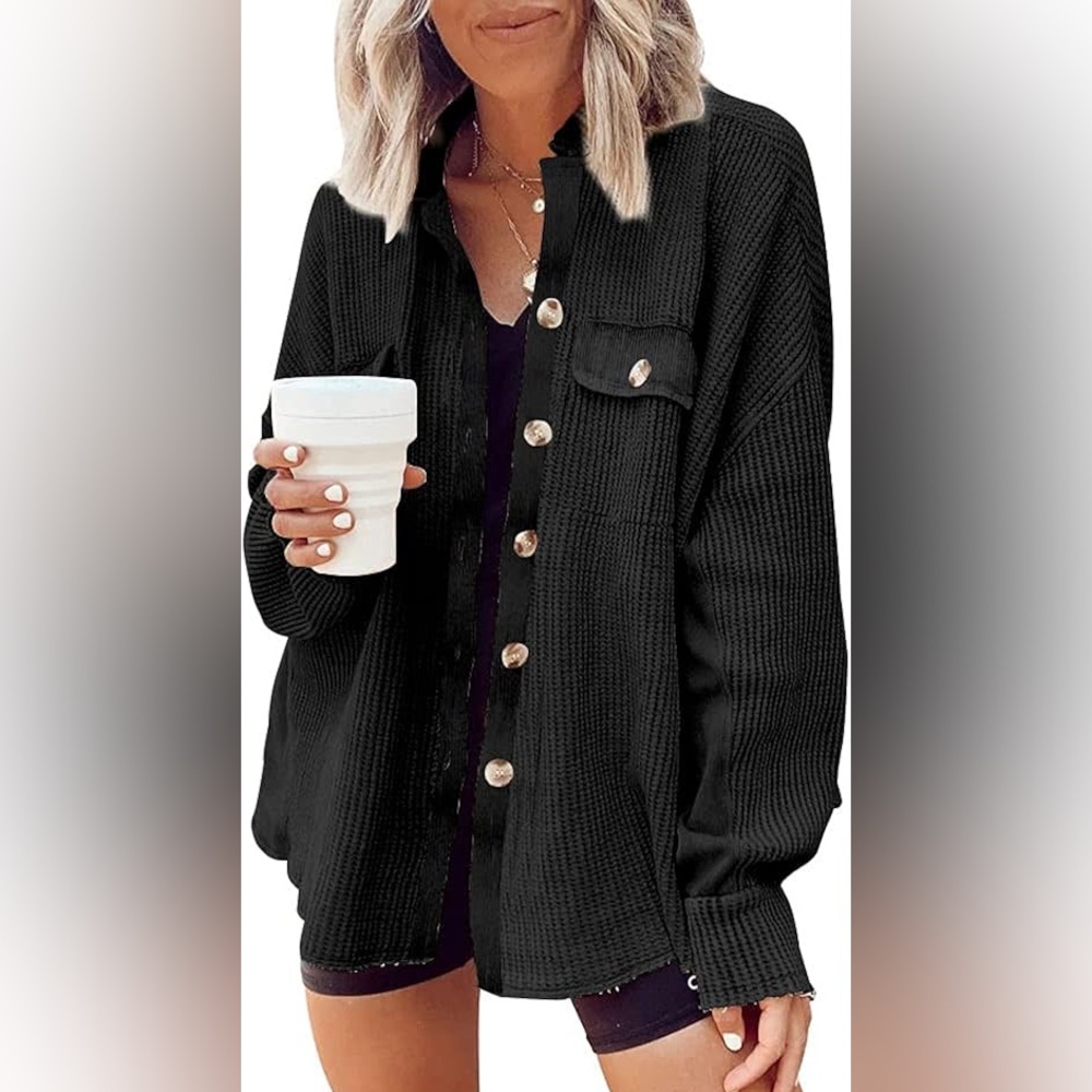 Black Button-Up waffle knit oversized top shacket size medium